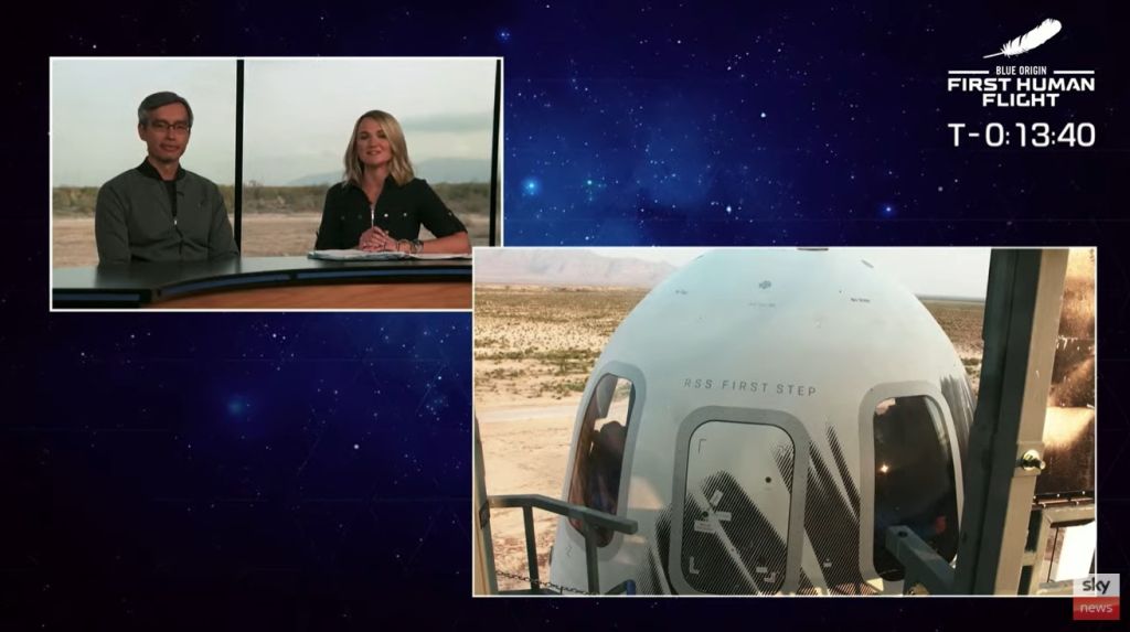 Jeff Bezos and his crew blast into space aboard New Shepard rocket ship. As shown on live on Sky News.