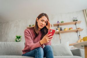 Woman looking displeased at mobile phone